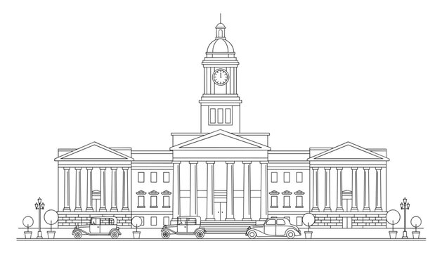 Classical architecture building with columns and a clock tower features vintage cars parked along the street.