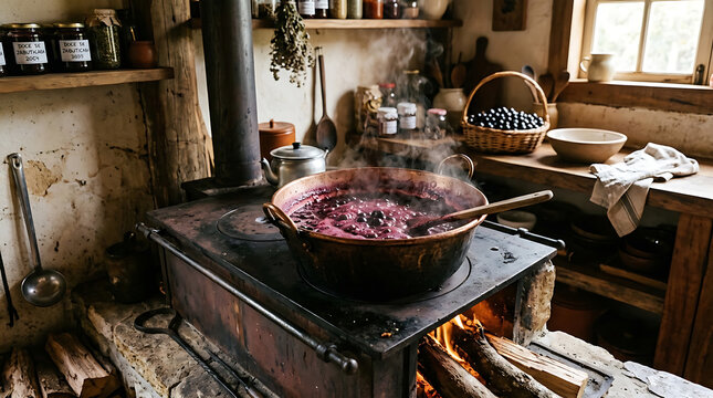 jaboticaba fruit Traditional preparation of Brazilian Jabuticaba fruit jam in a rustic kitchen with a wood stove