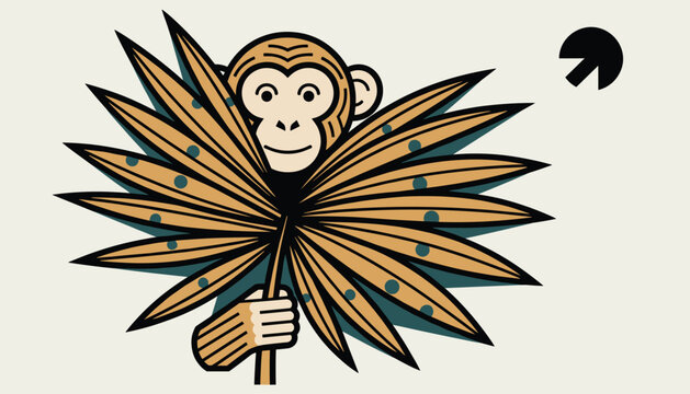 Adorable cartoon monkey peeks playfully from behind a large fan-like tropical palm leaf on a light background.