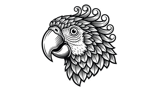 Detailed engraving style vector illustration of a majestic parrot head with beautiful feathers and curved beak.