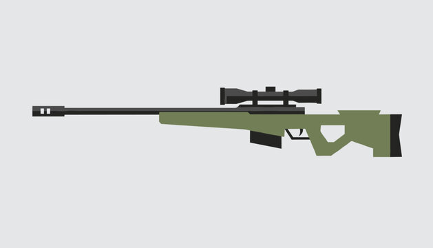 Flat vector illustration of a modern military sniper rifle with an optical scope on a light gray background.