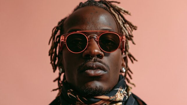 A man with dreadlocks and sunglasses poses against a soft peach backdrop.