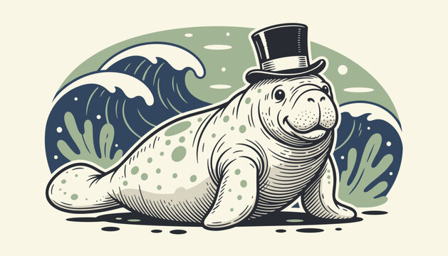 Charming vector illustration of a cute manatee or seal wearing a black top hat with wild ocean waves behind him.