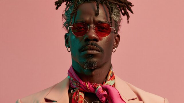 Confident man wearing sunglasses and a patterned neck scarf poses against a soft pink backdrop.