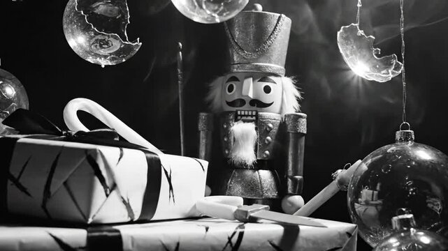 Black and White Cinematic Festive Christmas Scene with a Nutcracker and Broken Ornaments