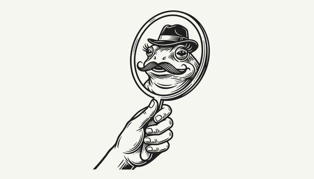 Quirky engraving style vector illustration of a dapper frog with a mustache and hat reflected in a mirror.