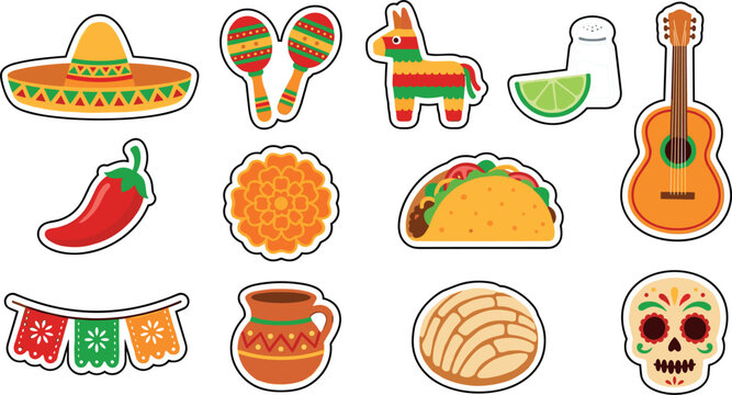 Mexican Fiesta and Culture Sticker Vector Set Featuring Sombrero Maracas Pi&ntilde;ata Taco Chili Guitar Sugar Skull and Papel Picado Bunting
