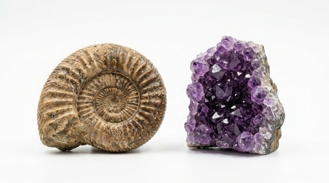 Ancient ammonite fossil shell displayed beside a purple amethyst geode crystal cluster with mineral specimen prehistoric shell rock collection geology specimen natural stone ammonite