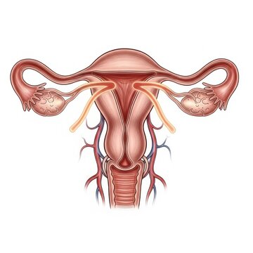 A highly detailed anatomical illustration showcasing the female reproductive system with focus on the uterus fallopian tubes and ovaries