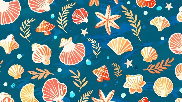 Vibrant seamless marine pattern with colorful seashells, starfish, and underwater flora on a deep blue background. Tropical ocean design.