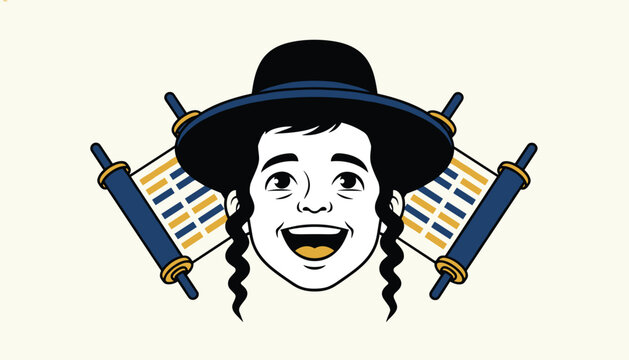 Smiling Jewish boy wearing a traditional black hat and payot curls with opened Torah scrolls in the background.