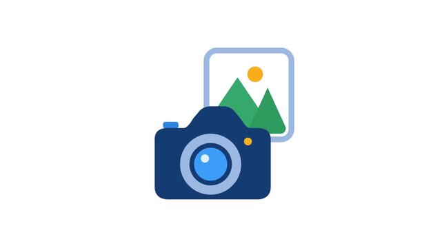 Stylized blue digital camera and mountain photo icon motion animation for creative media