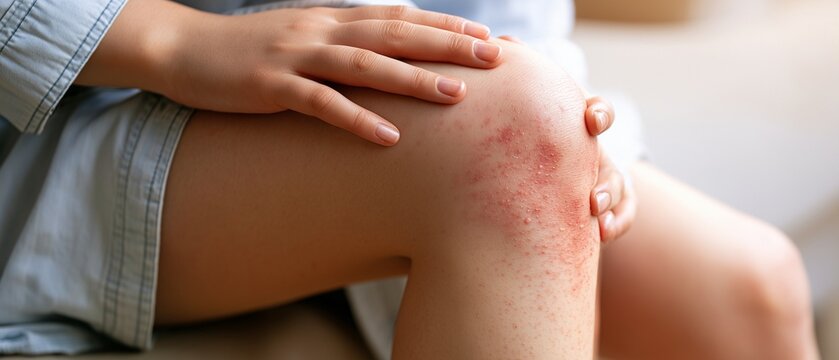 A person's knee is uncomfortable due to skin irritation. Inflamed skin and red spots indicate an allergic reaction or insect bite.