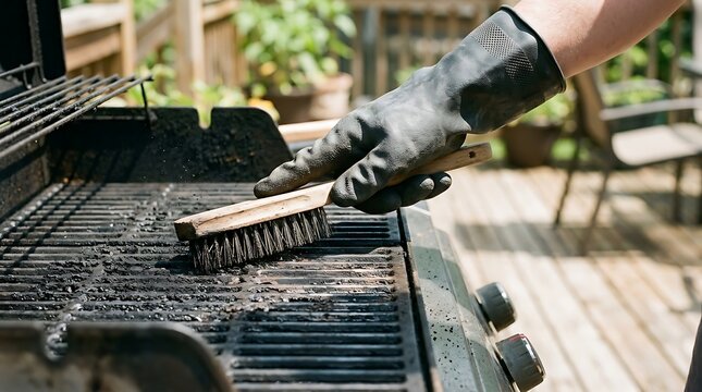 Hand in a black rubber glove using a wire brush to clean a dirty metal barbecue grill grate on a wooden deck