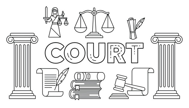 Court and justice line art banner featuring lady justice, scales of justice, pillars, law books, a gavel, and scrolls.