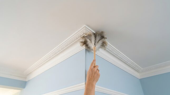 Hand using a feather duster to clean a white crown molding corner in a light blue room