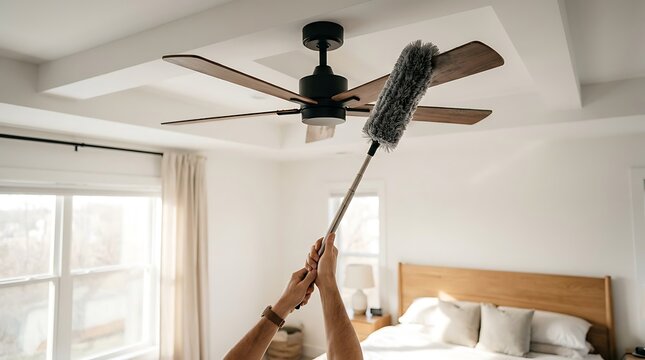 Person cleaning a dark wooden ceiling fan with a long-handled grey duster in a bright bedroom