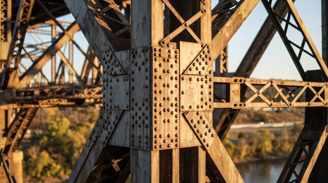Industrial steel bridge structure with rivet joints at golden hour