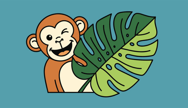 Cute cartoon monkey with a happy smile peeking from behind a large green monstera leaf on a solid blue background.