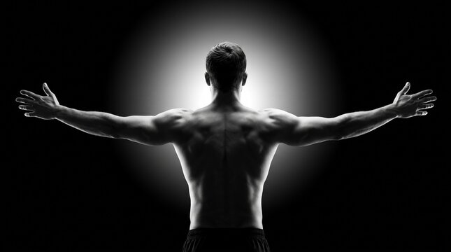 Powerful Muscular Man with Outstretched Arms Standing in a Bright Backlight against Black Background