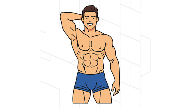 Athletic and muscular young man showing his fit body and six pack abs while standing against a light geometric background.