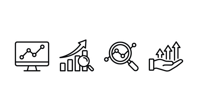 Business data analysis icons representing growth, performance metrics, market insights, statistics, and financial progress. Clean minimalist vector design with editable stroke, modern outline style