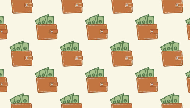 Seamless pattern featuring brown leather wallets filled with green dollar bills set against a warm cream background.
