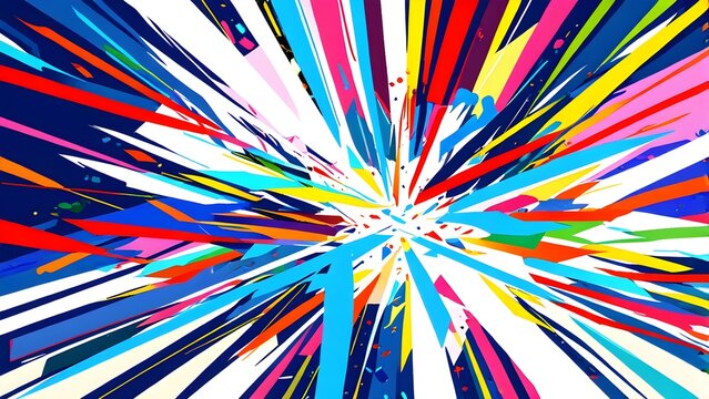 Vibrant abstract burst of colorful radial lines, dynamic energetic background with exploding paint streaks, modern design.