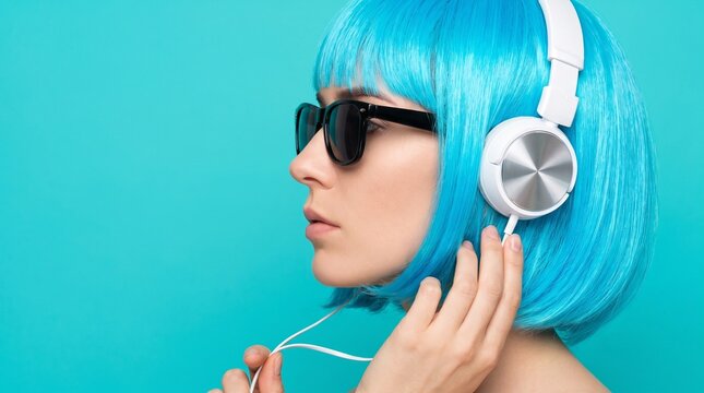 Stylish young woman with vibrant blue hair and sunglasses listening to music with headphones
