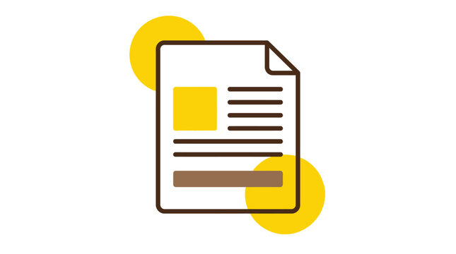 Minimalist document icon featuring brown outlines and bright yellow circular accents for a clean professional graphic design UI interface element