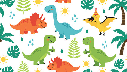 Fototapeta premium Seamless vector pattern of cheerful colorful dinosaurs and tropical palm trees on clean white background.