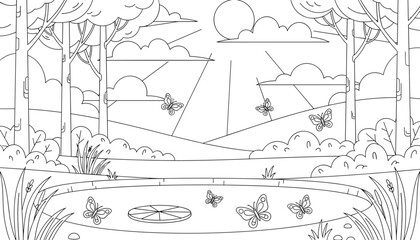 Fototapeta premium Detailed coloring page featuring flying butterflies around a tranquil forest pond on a bright sunny day.