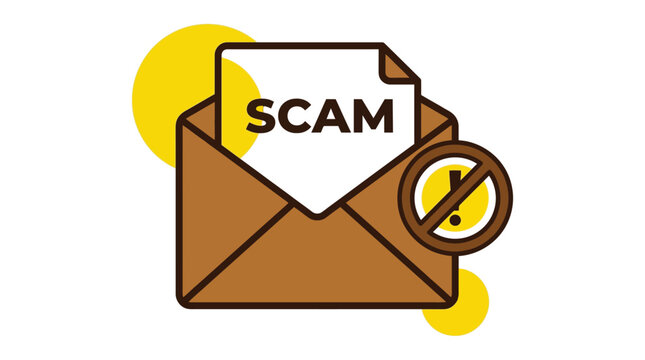 Brown open envelope icon displays document with scam text and yellow caution sign symbol as a flat vector graphic design