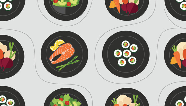 Seamless vector pattern containing plates of healthy food like salmon salad vegetables and sushi on grey.