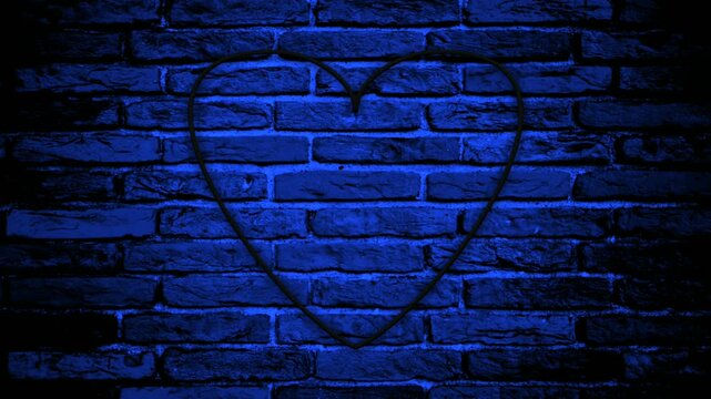 Neon blue heart symbol glowing and flickering against dark brick wall texture.