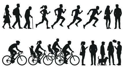 Obraz premium Set of human silhouettes showing people walking, running, cycling and standing in daily life.