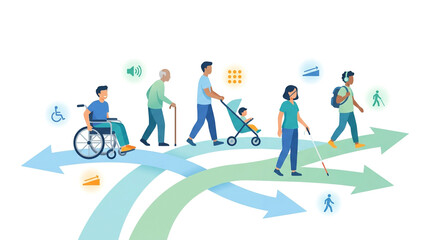 Fototapeta premium Diverse people with disabilities and families walking on paths with accessibility icons