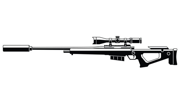 Modern sniper rifle equipped with a long silencer and a precision optical scope, depicted in a clean black and white design.