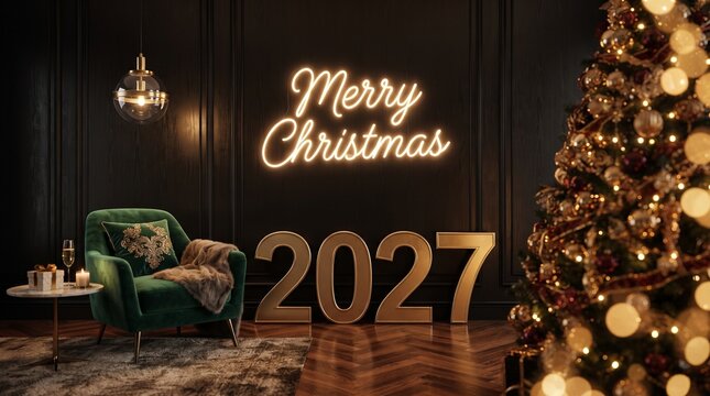 Luxury dark interior with glowing Merry Christmas neon sign and golden 2027 numbers.