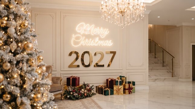 Elegant bright interior with Merry Christmas neon sign and golden 2027 numbers.