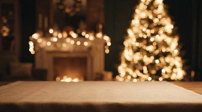 Blurred background of a warm cozy room with fireplace and christmas tree.