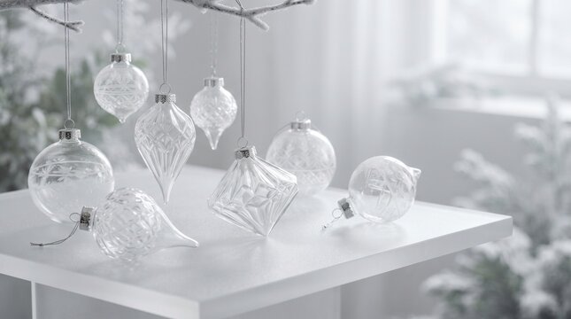 Elegant clear glass Christmas baubles hanging on white background.