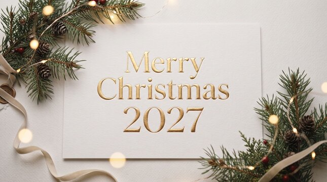 Merry Christmas 2027 golden text greeting card on white background.