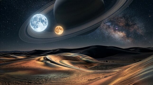 未知の惑星の砂漠と二つの月