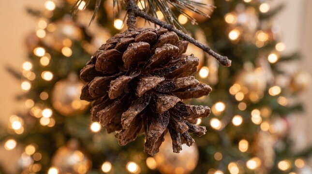 Natural pine cone on a fir branch with warm bokeh lights.