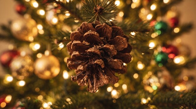 Close up of a natural pine cone on a christmas tree.