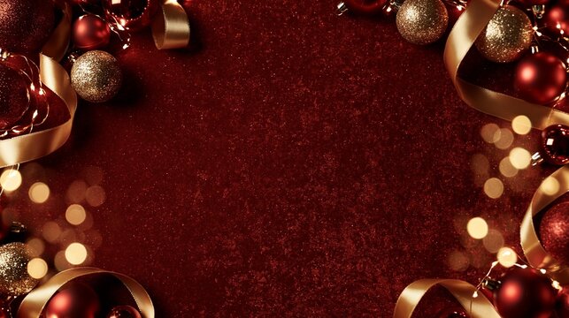 Dark red velvet christmas background with golden decorations.