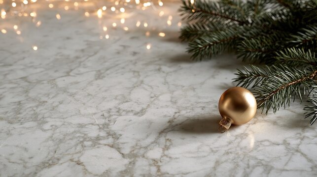 Christmas background with fir branch and lights on white marble.