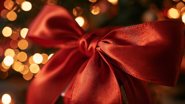 Close up macro of a shiny red festive ribbon bow.