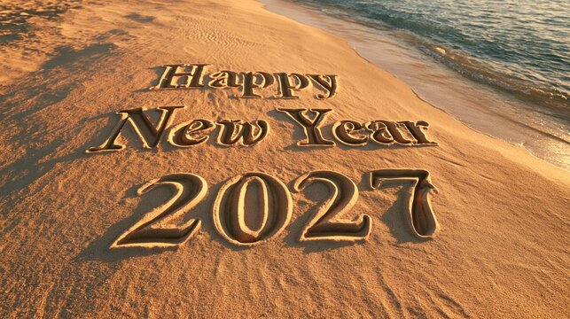 Happy New Year 2027 text written on golden beach sand at sunset.